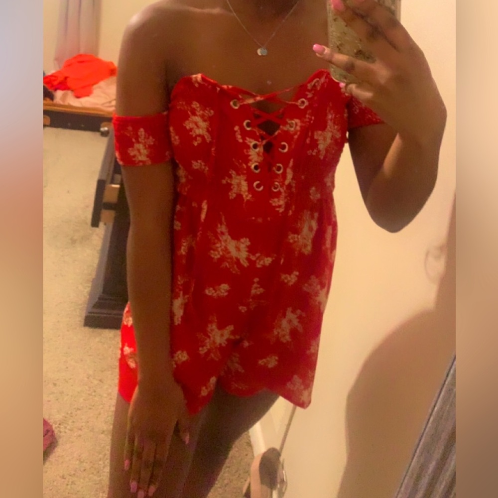 Red Corset Floral Print Romper
